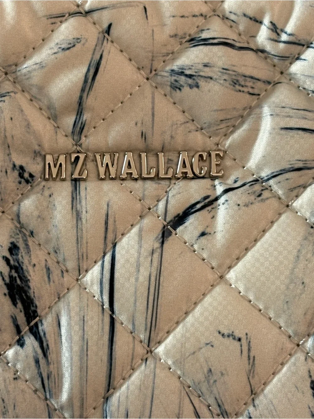 MZ Wallace White Quilted Cosmetic Pouch with Navy Brushstroke Accents -